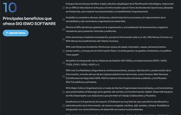 Vista previa del listado de beneficios del software ISWO